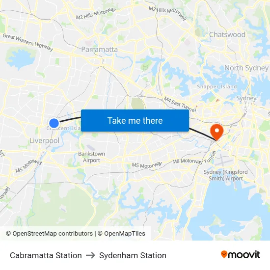 Cabramatta Station to Sydenham Station map