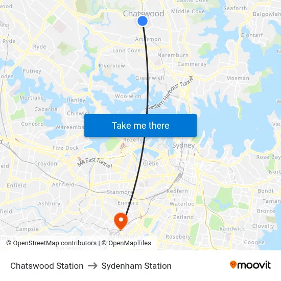 Chatswood Station to Sydenham Station map