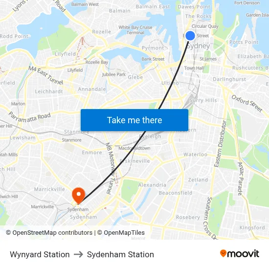 Wynyard Station to Sydenham Station map