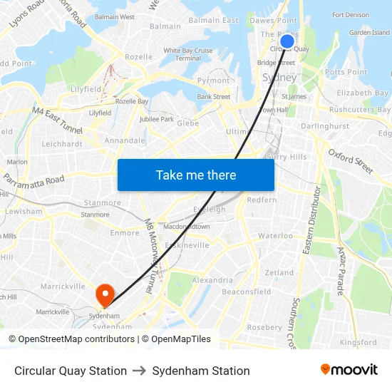 Circular Quay Station to Sydenham Station map