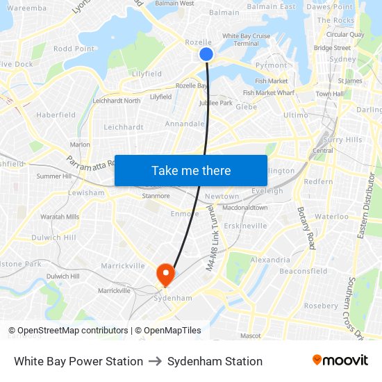 White Bay Power Station to Sydenham Station map