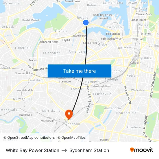 White Bay Power Station to Sydenham Station map