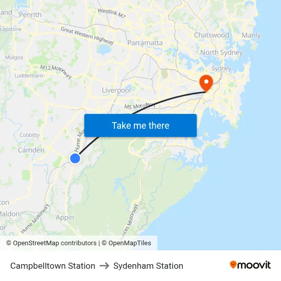 Campbelltown Station to Sydenham Station map