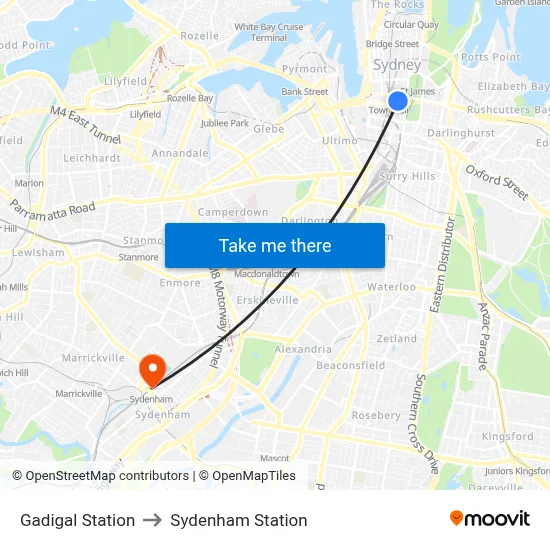 Gadigal Station to Sydenham Station map