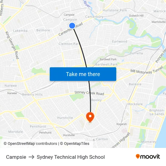 Campsie to Sydney Technical High School map
