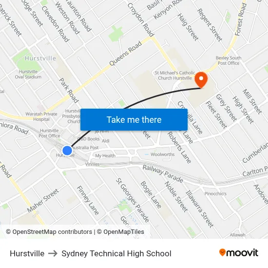 Hurstville to Sydney Technical High School map