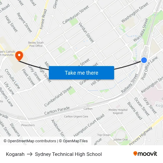 Kogarah to Sydney Technical High School map