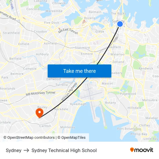 Sydney to Sydney Technical High School map