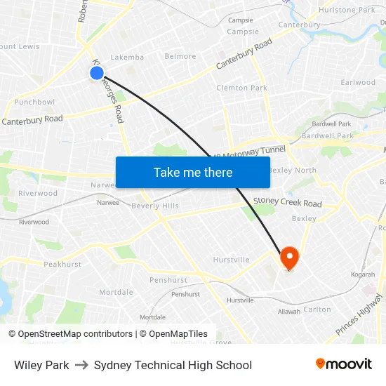 Wiley Park to Sydney Technical High School map
