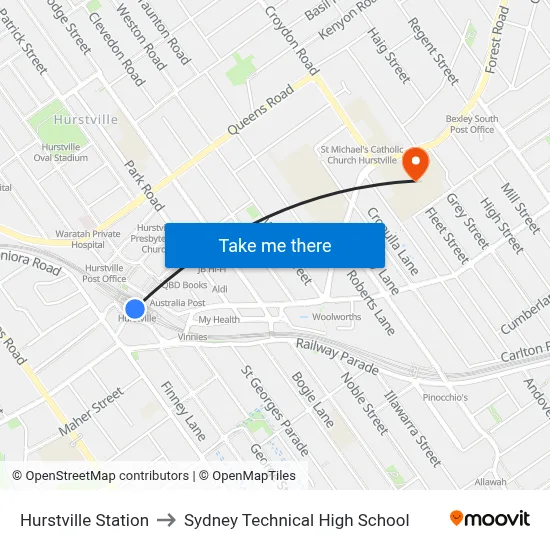 Hurstville Station to Sydney Technical High School map