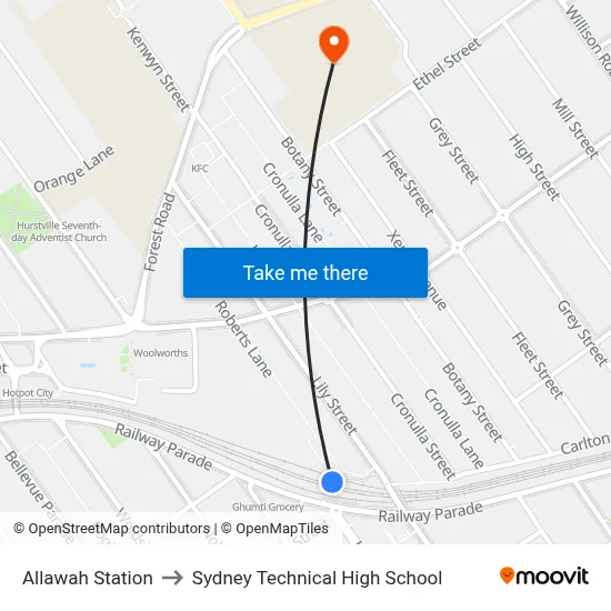 Allawah Station to Sydney Technical High School map