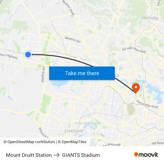 Mount Druitt Station to GIANTS Stadium map