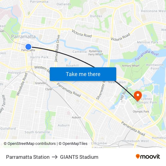 Parramatta Station to GIANTS Stadium map