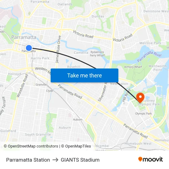 Parramatta Station to GIANTS Stadium map