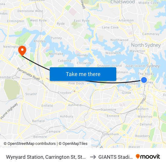 Wynyard Station, Carrington St, Stand B to GIANTS Stadium map