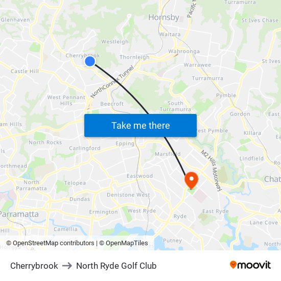 Cherrybrook to North Ryde Golf Club map