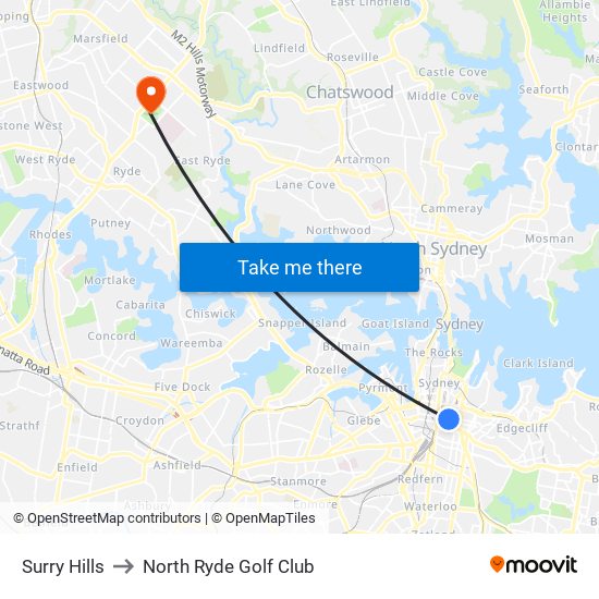 Surry Hills to North Ryde Golf Club map