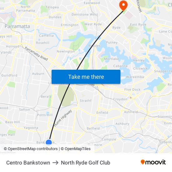 Centro Bankstown to North Ryde Golf Club map