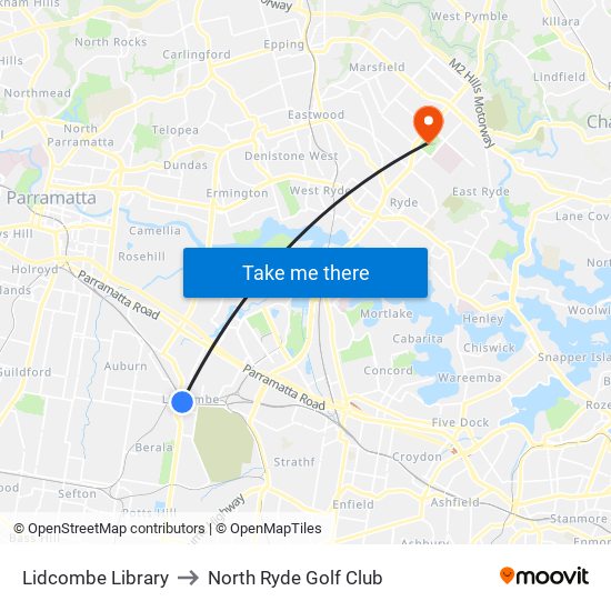 Lidcombe Library to North Ryde Golf Club map