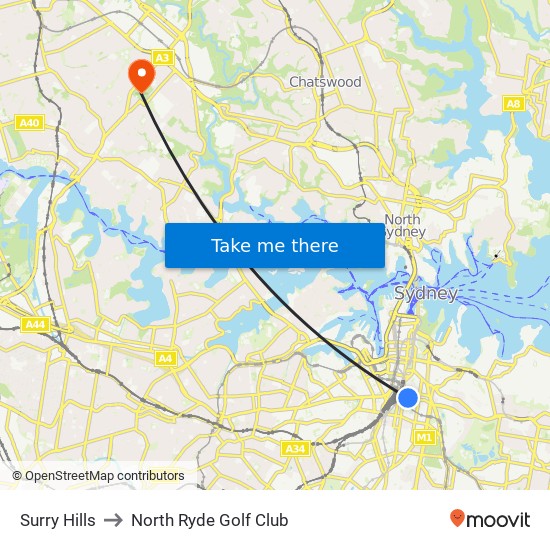 Surry Hills to North Ryde Golf Club map