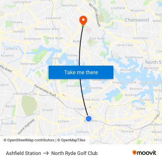 Ashfield Station to North Ryde Golf Club map