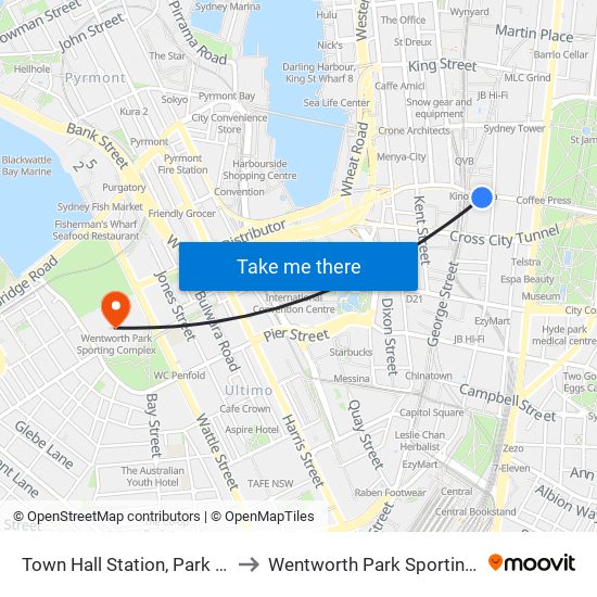 Town Hall Station, Park St, Stand J to Wentworth Park Sporting Complex map