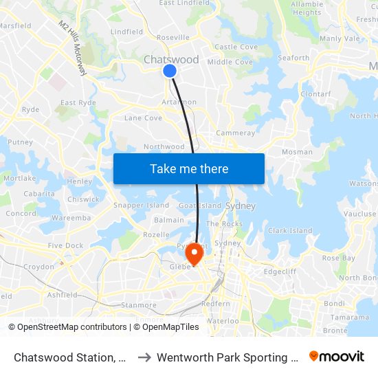 Chatswood Station, Stand C to Wentworth Park Sporting Complex map