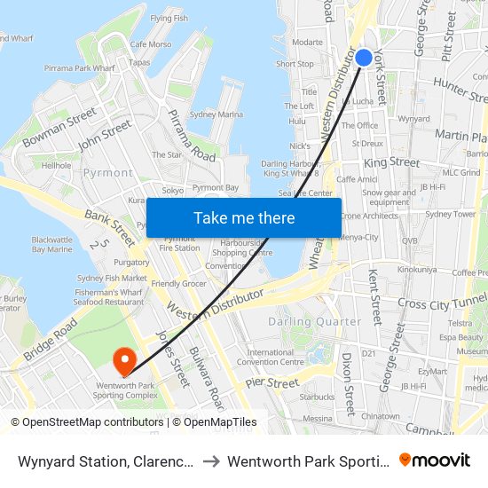 Wynyard Station, Clarence St, Stand Q to Wentworth Park Sporting Complex map