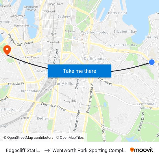 Edgecliff Station to Wentworth Park Sporting Complex map