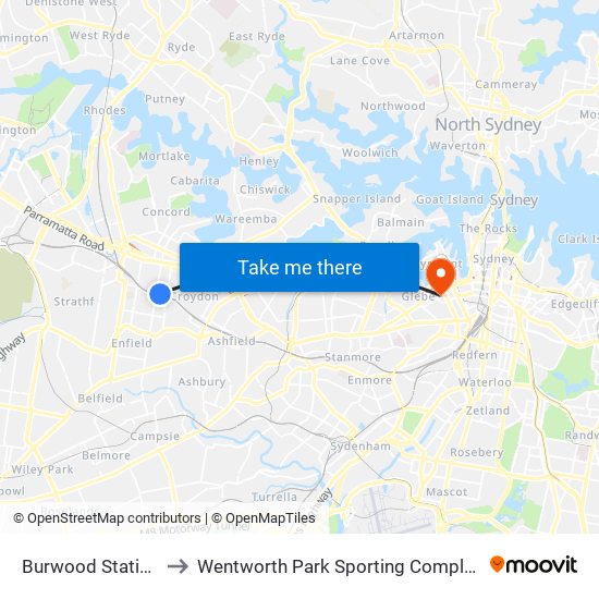 Burwood Station to Wentworth Park Sporting Complex map