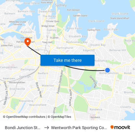 Bondi Junction Station to Wentworth Park Sporting Complex map