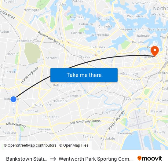 Bankstown Station to Wentworth Park Sporting Complex map