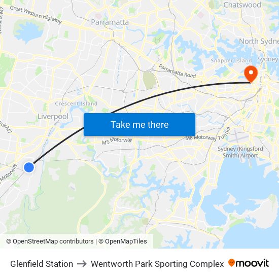 Glenfield Station to Wentworth Park Sporting Complex map