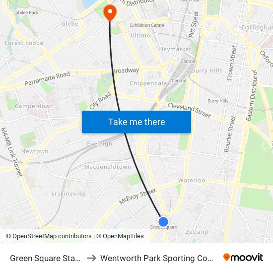 Green Square Station to Wentworth Park Sporting Complex map