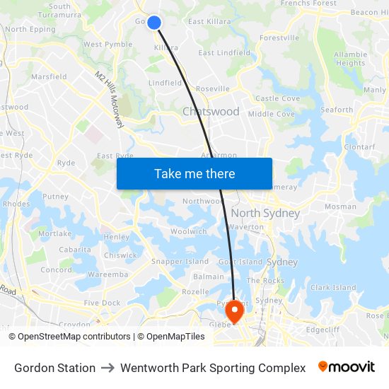 Gordon Station to Wentworth Park Sporting Complex map