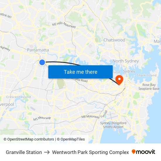 Granville Station to Wentworth Park Sporting Complex map