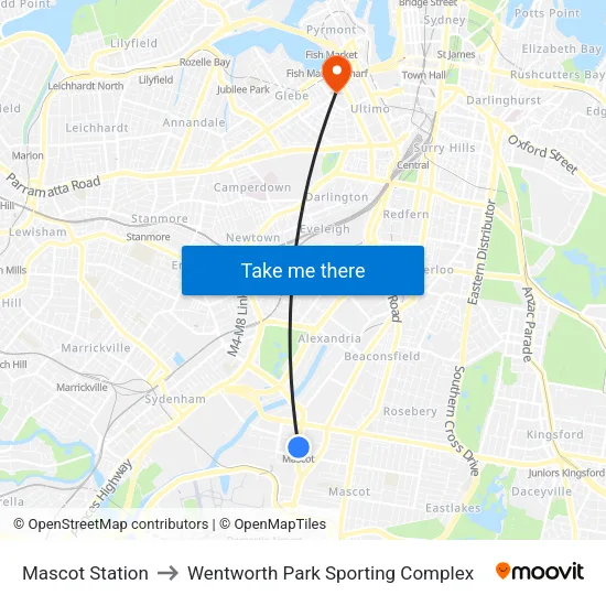 Mascot Station to Wentworth Park Sporting Complex map