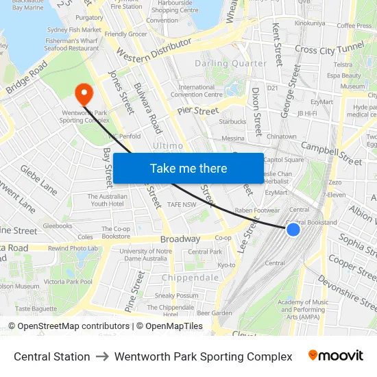 Central Station to Wentworth Park Sporting Complex map