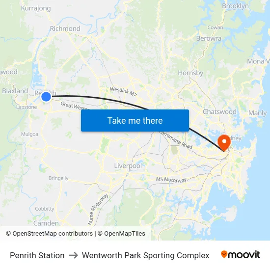 Penrith Station to Wentworth Park Sporting Complex map