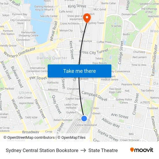Sydney Central Station Bookstore to State Theatre map