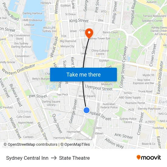 Sydney Central Inn to State Theatre map