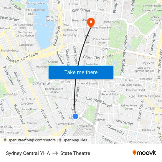 Sydney Central YHA to State Theatre map