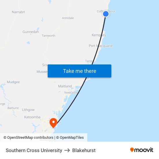 Southern Cross University to Blakehurst map