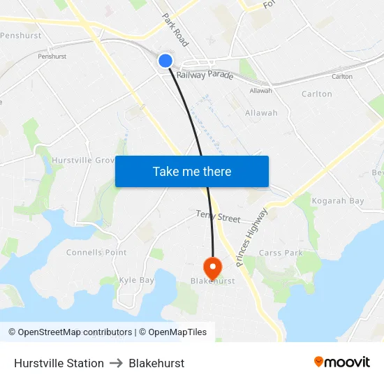 Hurstville Station to Blakehurst map