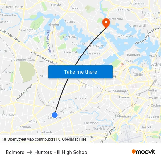 Belmore to Hunters Hill High School map
