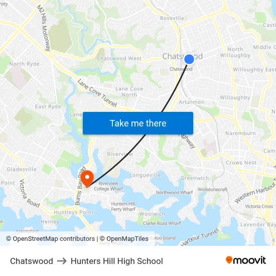Chatswood to Hunters Hill High School map