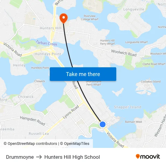 Drummoyne to Hunters Hill High School map