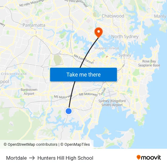 Mortdale to Hunters Hill High School map
