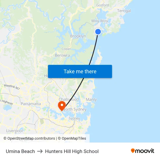 Umina Beach to Hunters Hill High School map