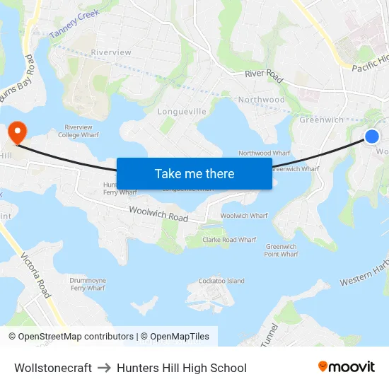 Wollstonecraft to Hunters Hill High School map